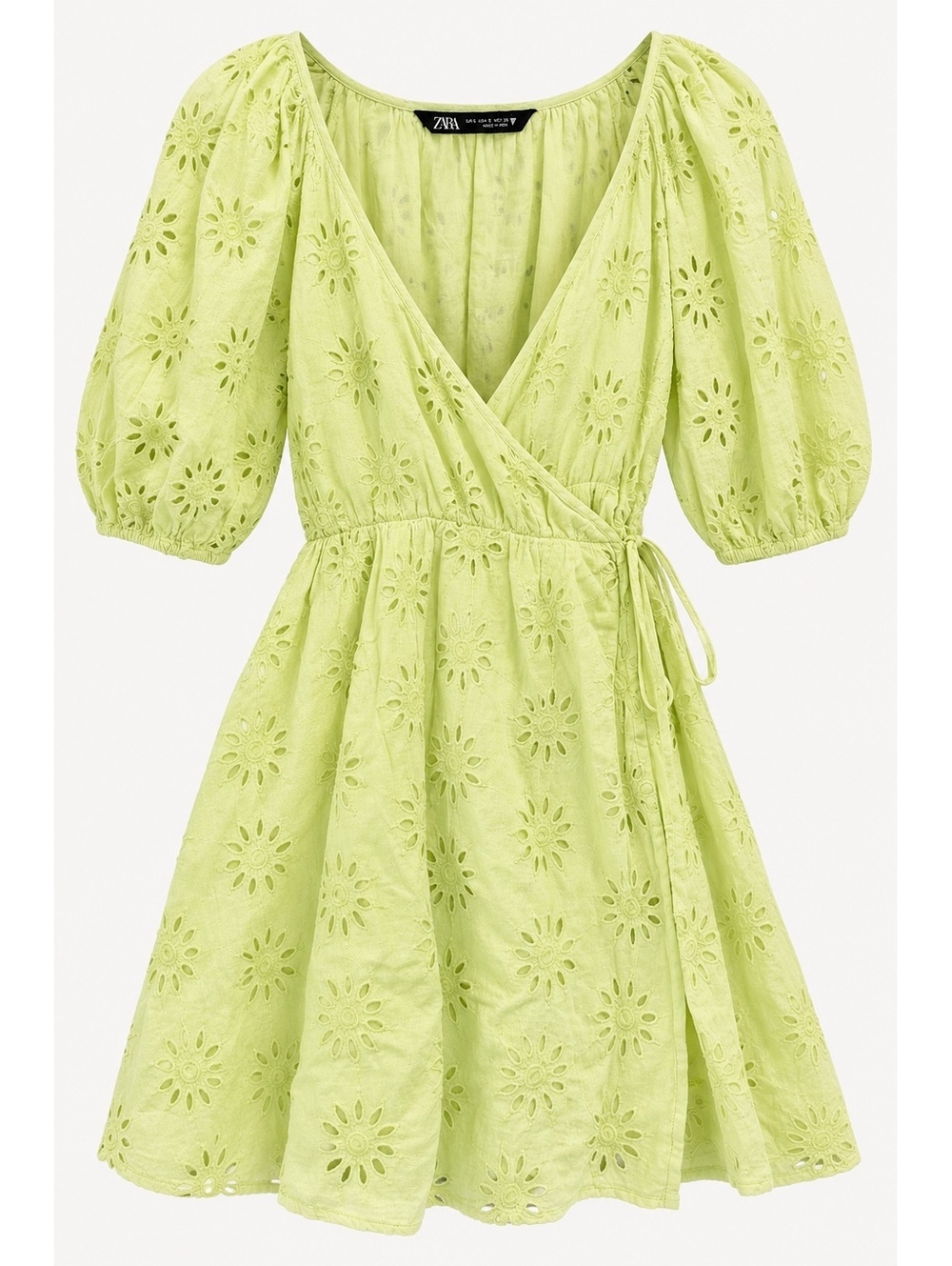 Zara Lime Green Eyelet Wrap Mini Dress S NWT Puff Sleeve Cotton Boho